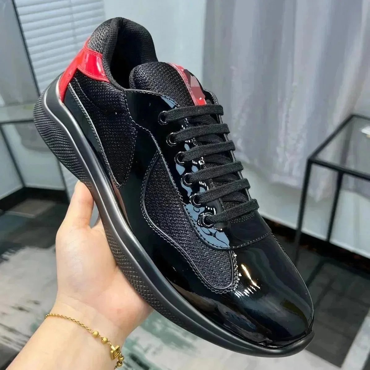 Black Patent Leather Red Accent Casual Sneakers