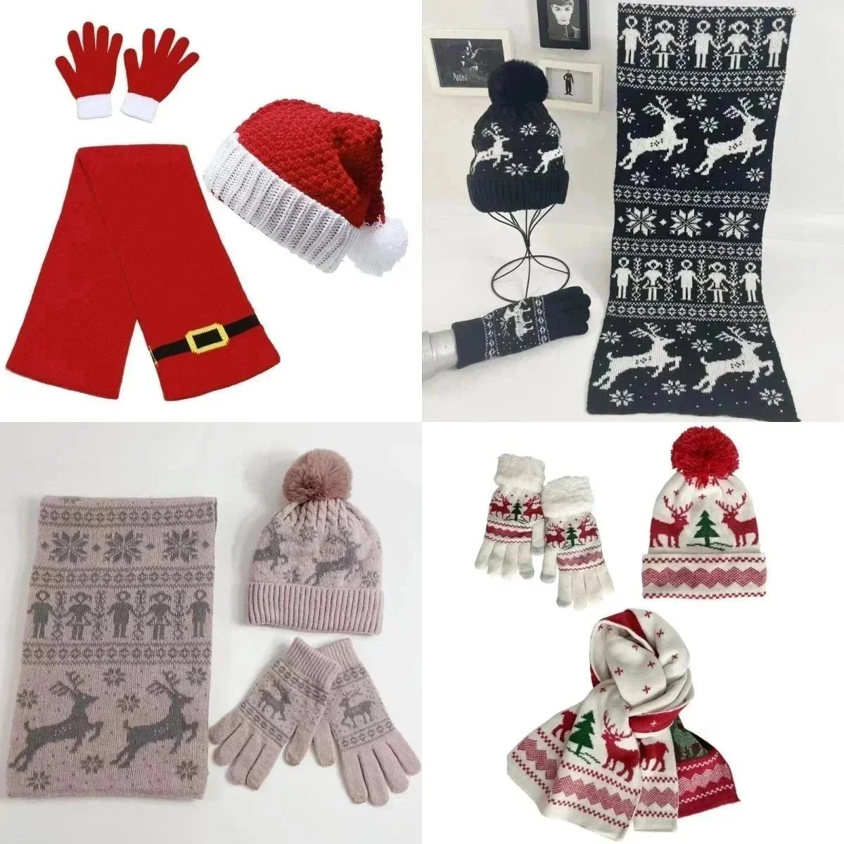 Christmas Knit Hat Scarf Gloves Set Red Holiday Style