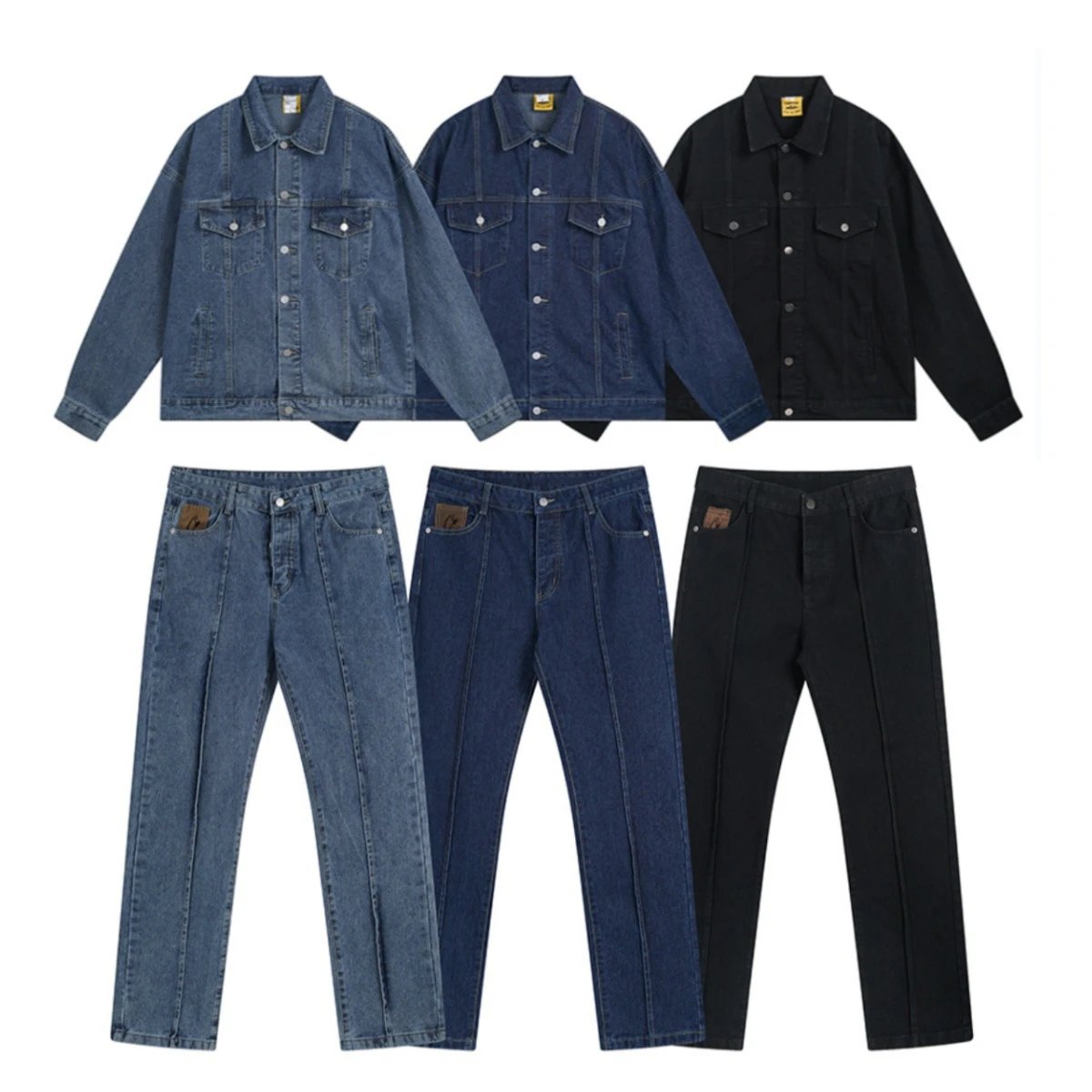 Denim Jacket And Jeans Set Blue Dark Blue Black Casual Outfit