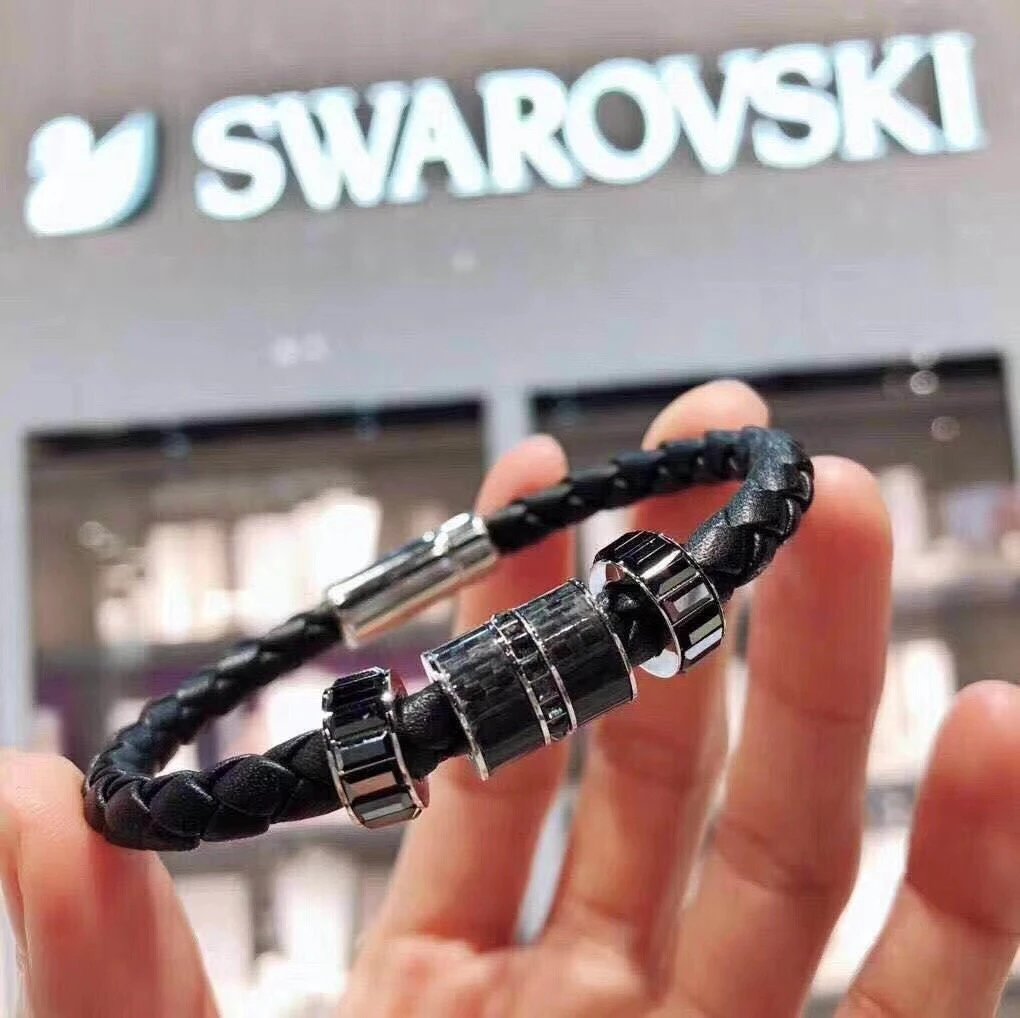 Swarovski Braided Black Leather Beaded Bracelet